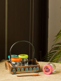 ExclusiveLane - Madhubani Hand-painted Snacks & Cookies Jar Set With Tray (Airtight, Set of 4)