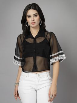 KASSUALLY - Women Black Sheer Party Wear Lace Shirt