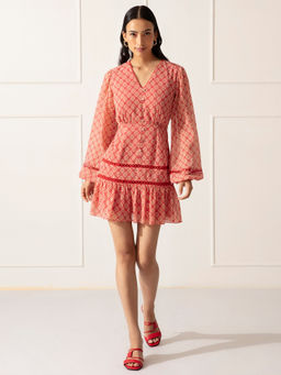 Twenty Dresses by Nykaa Fashion - Red and Multi Color Printed V Neck Mini Dress