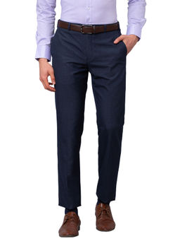 Park Avenue - Men`s Regular Fit Self Design Mid Waist Navy Blue Formal Trouser