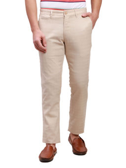 Parx - Men`s Tapered Fit Checks Mid Waist Beige Casual Trouser