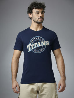 FanCode Shop - Navy Blue Printed Half Sleeves Round Neck Cotton T-Shirt
