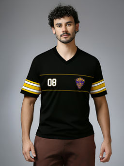 FanCode Shop - Black Logo Printed Half Sleeves V-Neck Oversized Cotton T-Shirt