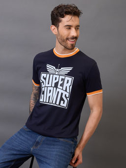 FanCode Shop - Navy Blue Typography Half Sleeves Round Neck Cotton T-Shirt