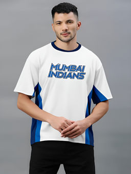 FanCode Shop - White & Navy Blue Colorblock Half Sleeves Round Neck Cotton T-Shirt