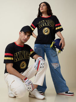 FanCode Shop - Black Typography Printed Half Sleeves Round Neck Oversized Cotton T-Shirt