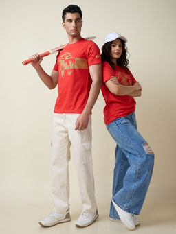 FanCode Shop - Red Graphic Printed Half Sleeves Round Neck Cotton T-Shirt