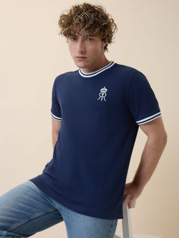 FanCode Shop - Navy Blue Solid Half Sleeves Round Neck Cotton T-Shirt