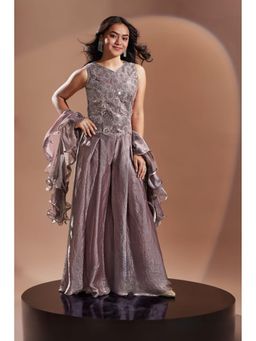 Lagorii - Mauve Embroidered Georgette Palazzo With Dupatta & Top