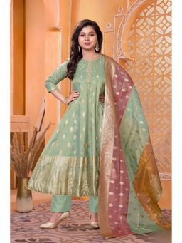Lagorii - Gold Silk Kurta With Pant & Green Dupatta