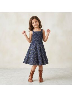 The Magic Wand - Floral Printed Smocked Fit And Flare Knee Length Dress- Navy Blue