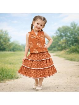 The Magic Wand - Sleeveless Floral Printed Waistcoat Top And Tiered Skirt - Rust