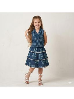 The Magic Wand - Sleeveless Polka Dots Waistcoat Top And Tiered Skirt - Teal Blue
