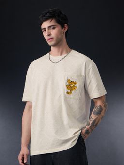 The Souled Store - Garfield: Textured Men Beige Oversized T-Shirt