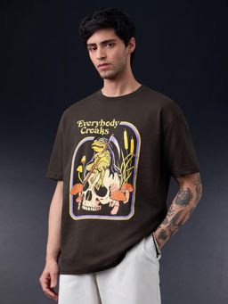 The Souled Store - Official Steven Rhodes: Everybody Croaks Men Brown Oversized T-Shirt