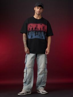 The Souled Store - Official Stranger Things: Upside Down Spray Men Black Oversized T-Shirt