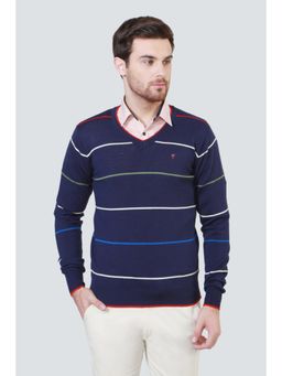 Louis Philippe - Men Navy Blue Striped V-Neck Full Sleeves Sweater