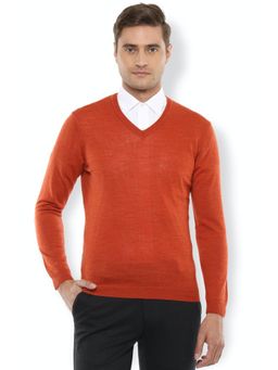 Van Heusen - Men Orange Solid V-Neck Sweater