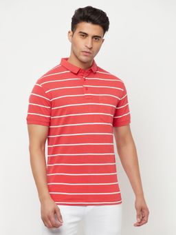 CRIMSOUNE CLUB - Men Coral Red Striped Polo T-Shirt