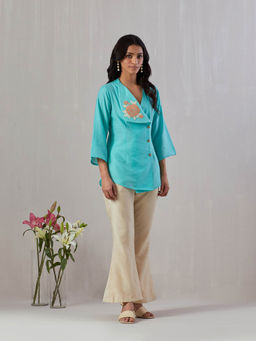 GRASS & SUNSHINE - Turquoise Chanderi Embroidered Co-Ord (Set of 2)