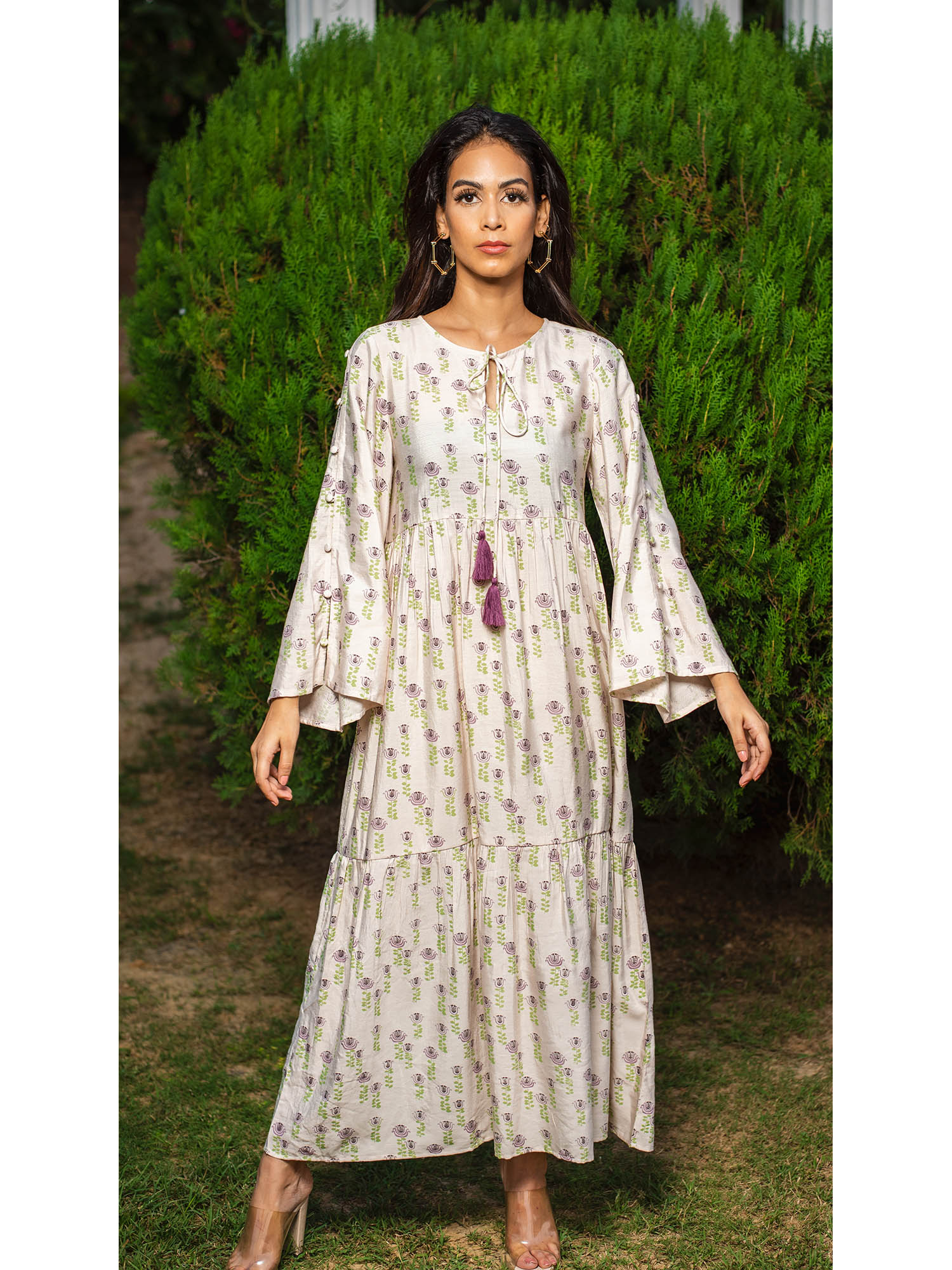 Cream Cotton Silk Tiered Dress with Tassels-picture-43
