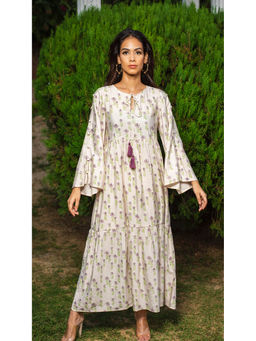 GRASS & SUNSHINE - Cream Cotton Silk Tiered Dress with Tassels