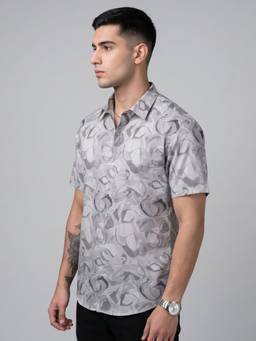 Charagh Din - Men Grey Half Sleeves Printed Shirt