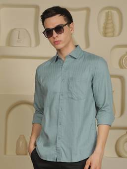 CRIMSOUNE CLUB - Men Sage Green Full Sleeves Stripes Shirt