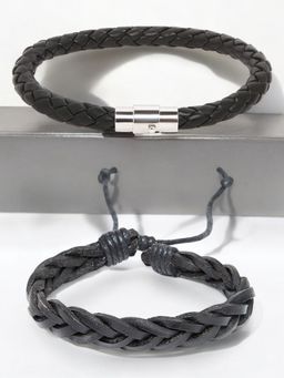 OOMPH - Combo Of 2 Black Braided Leather Handmade Wrap Bracelet Punk Biker Style