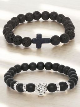 OOMPH - Combo Of 2 Black Beads Bracelet for Men- Animal and Cross Design