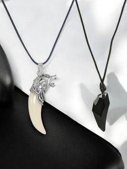 OOMPH - Combo Of 2 Black and White Pendant Necklace - Animal Tooth Design for Men