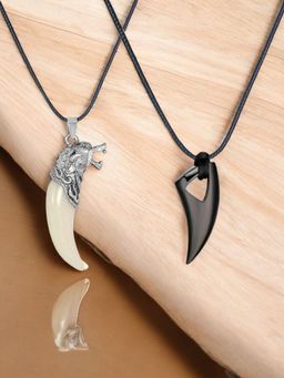 OOMPH - Combo Of 2 Black and White Pendant Necklace - Animal Tooth Design for Men