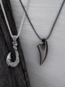OOMPH - Combo Of 2 Black and Silver Pendant Necklace - Hook and Animal Tooth Design
