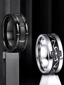 OOMPH - Combo Of 2 Black and Silver Stainless Steel Ring for - Brick and Celtic Design Size 9