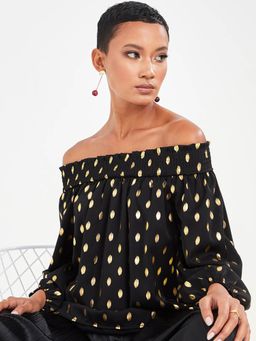 Styli - Black Long Sleeves Off Shoulder Polka Dot Foil Print Blouse