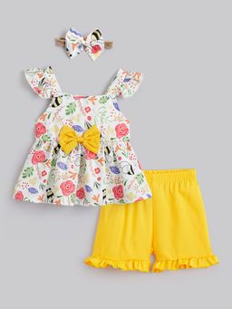 Hopscotch - Yellow Floral Bow Applique Top and Shorts with Headband