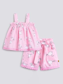 Hopscotch - Pink Cotton Lace Embellished Top with Shorts & Belt
