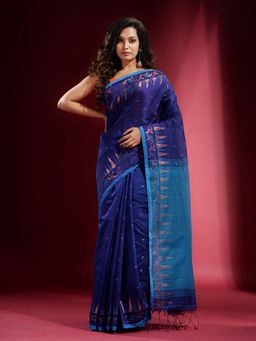 CHARUKRITI - Berry Blue with Temple and Floral Zari Pattern Saree with Unstitched Blouse