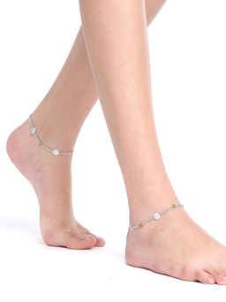 Carlton London - Set Of 2 Silver-Toned and Yellow Rhodium-Plated Beaded Floral-Shaped Anklets