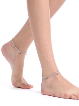 Carlton London - Set Of 2 Silver-Toned and Purple Rhodium-Plated Beaded Anklets