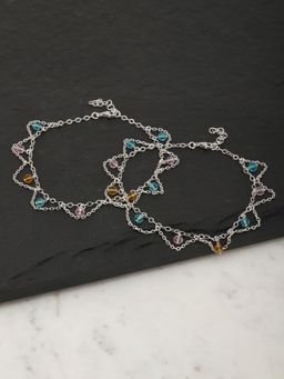 Carlton London - Set Of 2 Blue and Silver-Toned Rhodium-Plated Beaded Layered Anklets