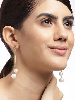 Carlton London - 18Kt Gold Plated with White Pearl Geometric Drop Earrings