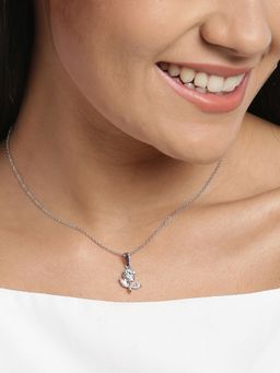 Carlton London - Silver-Toned Rhodium Plated Cz-Studded Floral Pendant with Chain