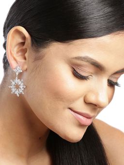 Carlton London - Silver-Toned Rhodium-Plated Stone Studded Contemporary Drop Earrings