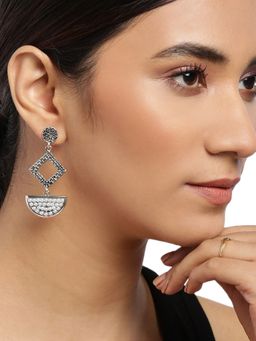 Carlton London - Silver-Toned and White Rhodium-Plated Oxidised Beaded Geometric Drop Earrings