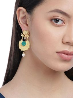 Carlton London - Green Gold-Plated Stone-Studded Handcrafted Textured Classic Drop Earrings