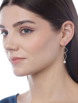 Carlton London - Silver-Toned and White Rhodium-Plated Beaded Diamond Shaped Drop Earrings