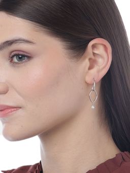 Carlton London - Silver-Toned and White Rhodium Plated Beaded Diamond Shaped Drop Earrings