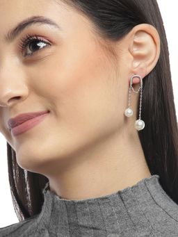 Carlton London - Silver-Toned and White Rhodium-Plated Beaded Contemporary Drop Earrings