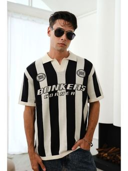 Bonkers Corner - Men Black Cotton Stripes Regular Fit Polo T-Shirt